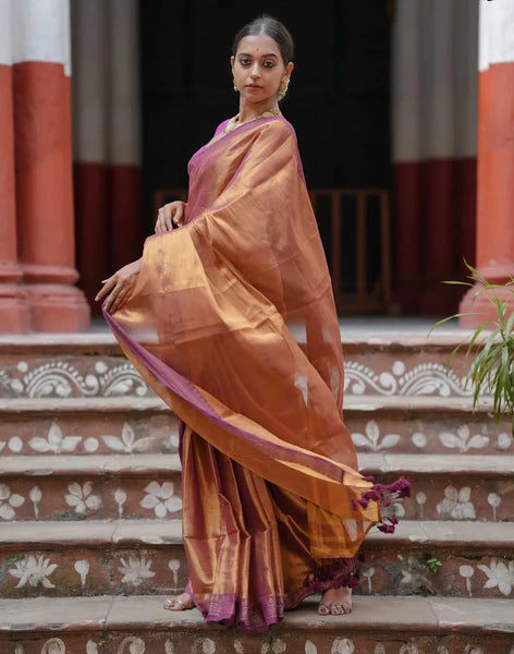 Dual-colored Copper Tissue Cotton Saree