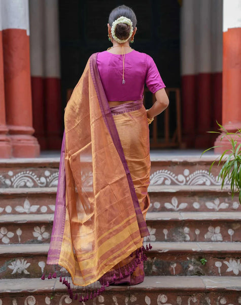 Dual-colored Copper Tissue Cotton Saree