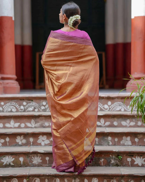 Dual-colored Copper Tissue Cotton Saree