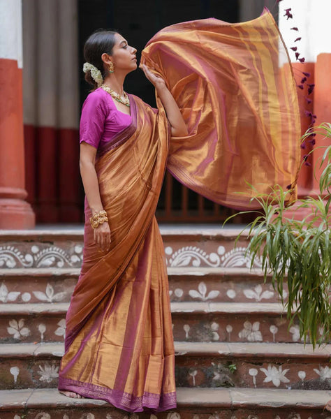 Dual-colored Copper Tissue Cotton Saree