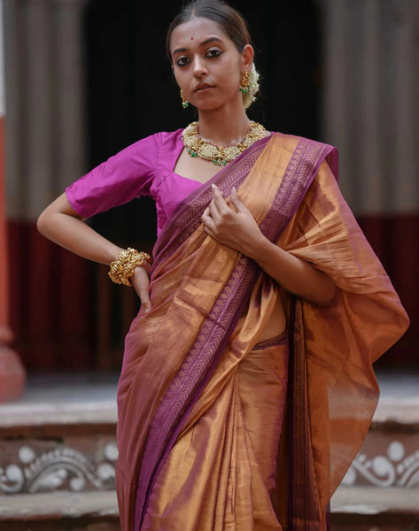 Dual-colored Copper Tissue Cotton Saree