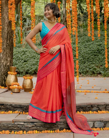 Mul Cotton Zari Saree in Peach