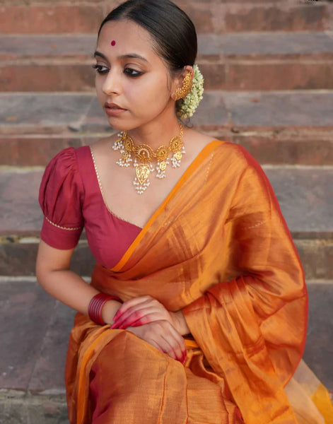 Red And Gold Acrylic Cotton Dhoop Chaon Saree With Tassels
