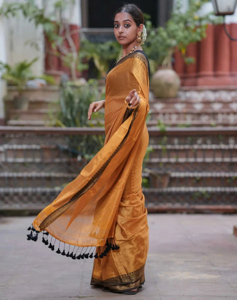 Stunning Dual-colored Gold Tissue Cotton Saree
