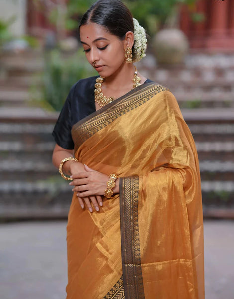 Stunning Dual-colored Gold Tissue Cotton Saree