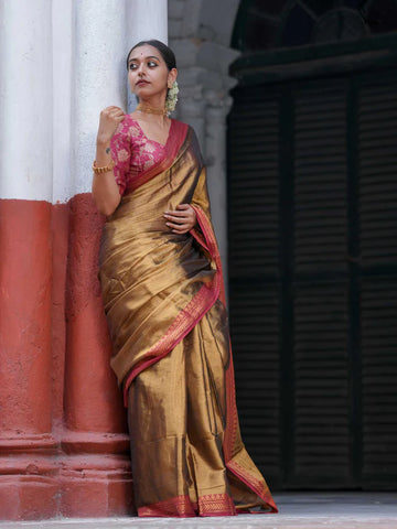 Dual-colored Gold Tissue Cotton Saree With Red Jacquard Border