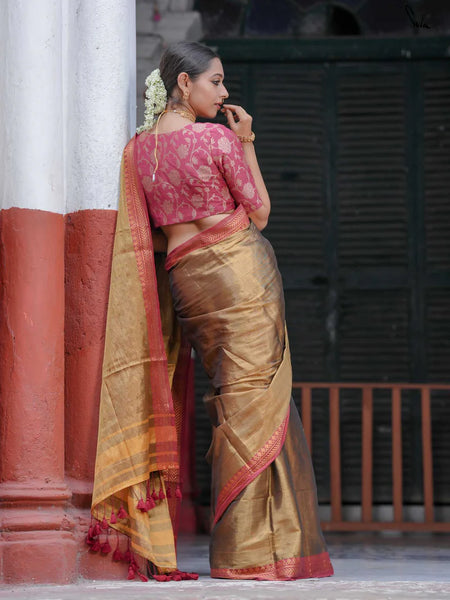 Dual-colored Gold Tissue Cotton Saree With Red Jacquard Border