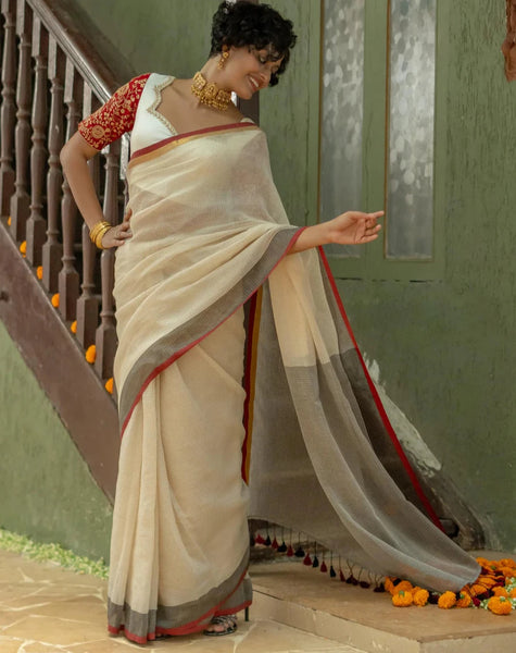 Off White Mulmul Cotton Golden Zari Stripes Saree With Tassels