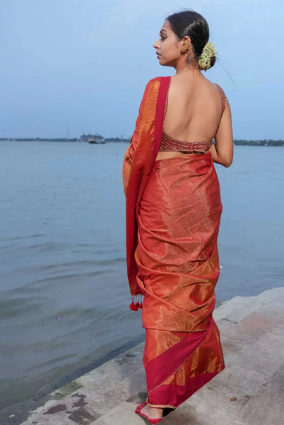 Maroon And Gold Acrylic Cotton Shiny Saree With Tassels