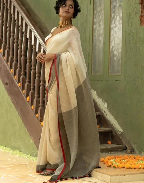 Off White Mulmul Cotton Golden Zari Stripes Saree With Tassels