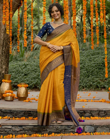 Mustard Mul Cotton Zari Saree With Contrasting Border And Colorful Tassels