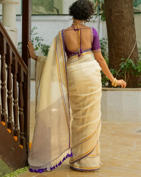 Off White Mulmul Cotton Zari Stripes Saree With Tassels