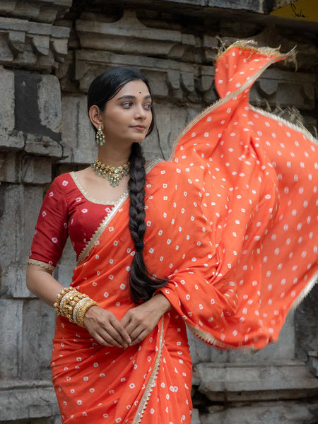 Orange Bandhani Cotton Muslin Saree with Gold Lace & Tassels