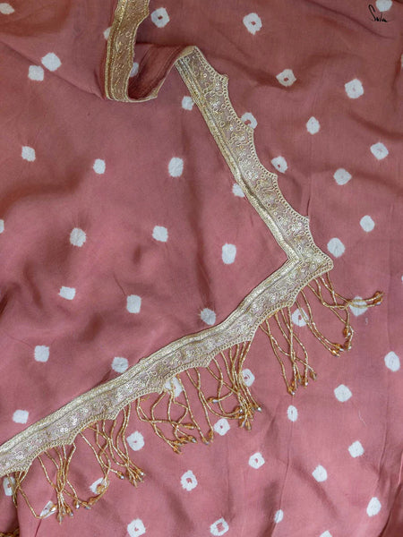 Rose Gold Bandhani Cotton Muslin Saree with Gold Lace & Tassels