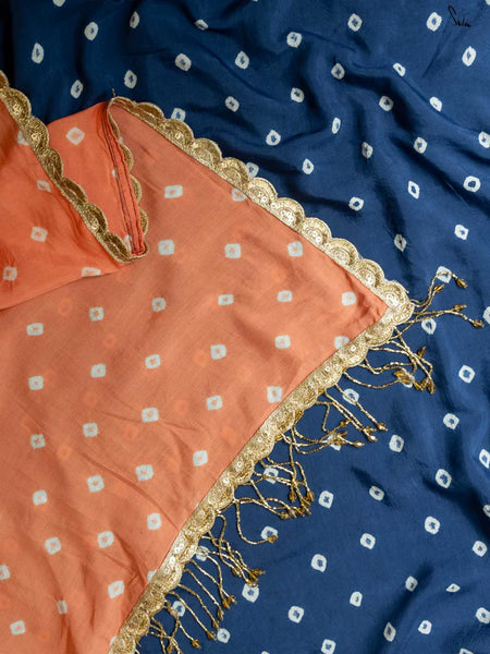 Peach & Royal Blue Ombré Bandhani Cotton Muslin Saree with Gold Lace & Tassels
