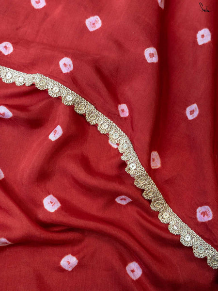 Red Bandhani Cotton Muslin Saree with Gold Lace & Tassels