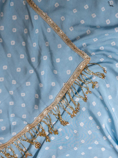 Teal & Sky Blue Ombré Bandhani Cotton Muslin Saree with Gold Lace & Tassels