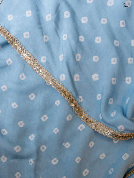 Teal & Sky Blue Ombré Bandhani Cotton Muslin Saree with Gold Lace & Tassels