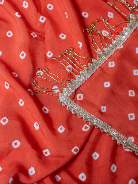 Orange Bandhani Cotton Muslin Saree with Gold Lace & Tassels