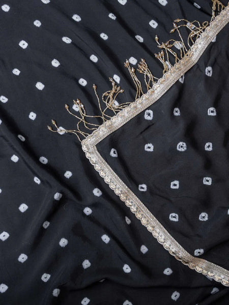 Black Bandhani Cotton Muslin Saree with Gold Lace & Tassels