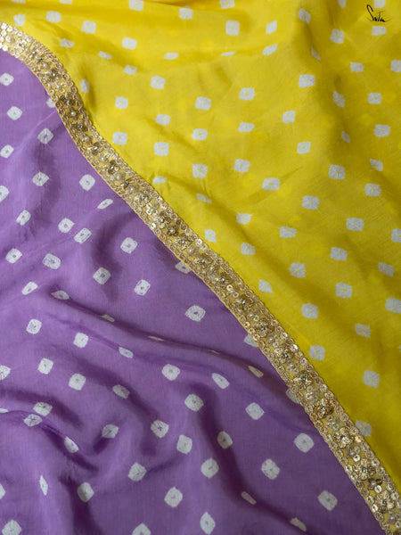 Lemon Yellow & Lavender Ombré Bandhani Cotton Muslin Saree with Gold Lace & Tassels