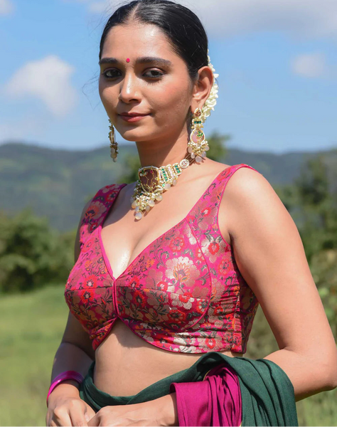Pink gold brocade dome neck blouse sleeveless with floral embroidery