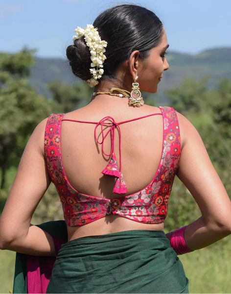 Pink gold brocade dome neck blouse sleeveless with floral embroidery