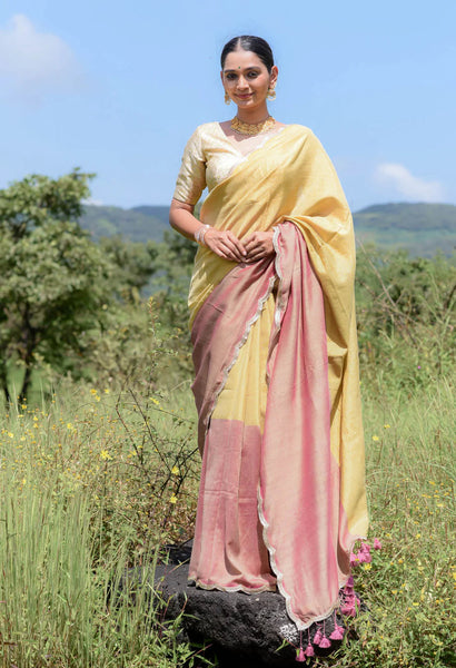 Mauve and gold half-and-half saree with gold scallop lace