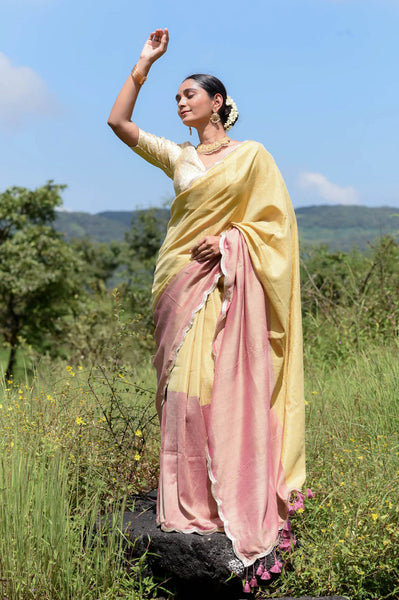 Mauve and gold half-and-half saree with gold scallop lace