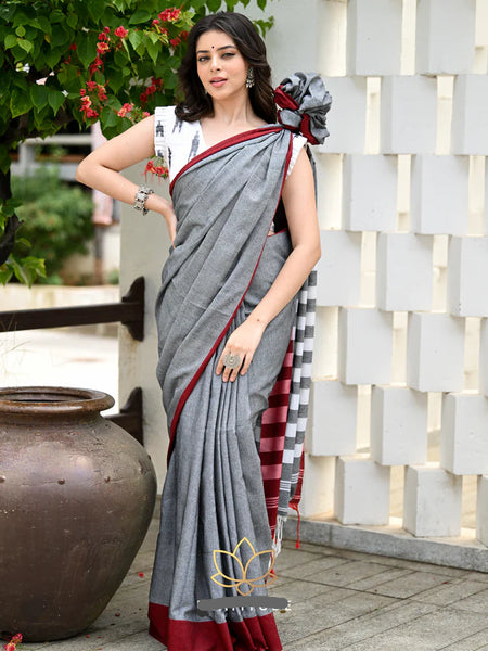 Grey Handloom Cotton Saree