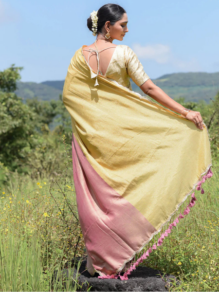 Mauve and gold half-and-half saree with gold scallop lace