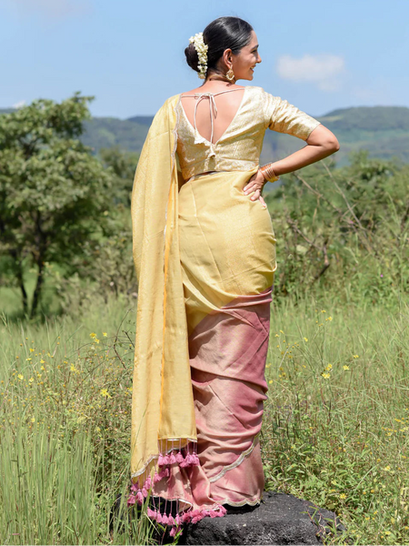 Mauve and gold half-and-half saree with gold scallop lace