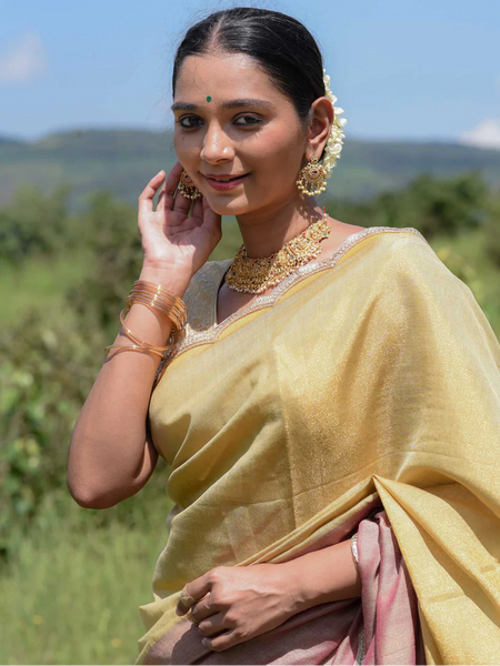 Mauve and gold half-and-half saree with gold scallop lace