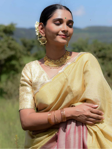 Mauve and gold half-and-half saree with gold scallop lace