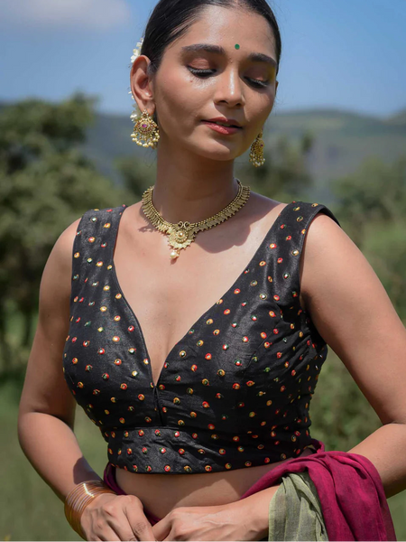 Black gold polka embroidered dome neck blouse sleeveless with back hook