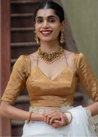 Soft Gold Chanderi Dori in Front Silk Readymade Blouse
