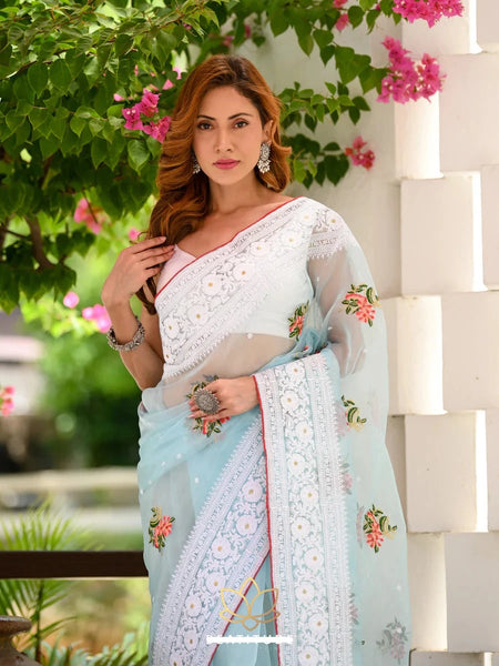 Blue Floral Print Organza Saree