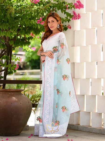 Blue Floral Print Organza Saree