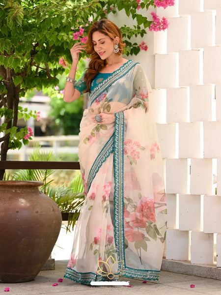 Organza Cream Floral Printed Saree