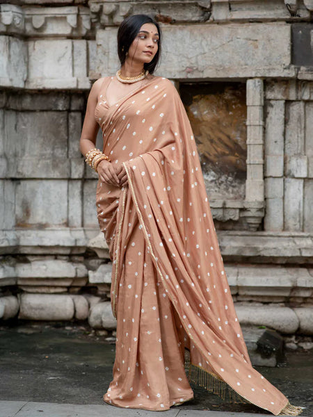 Brown Bandhani Cotton Muslin Saree with Gold Lace & Tassels