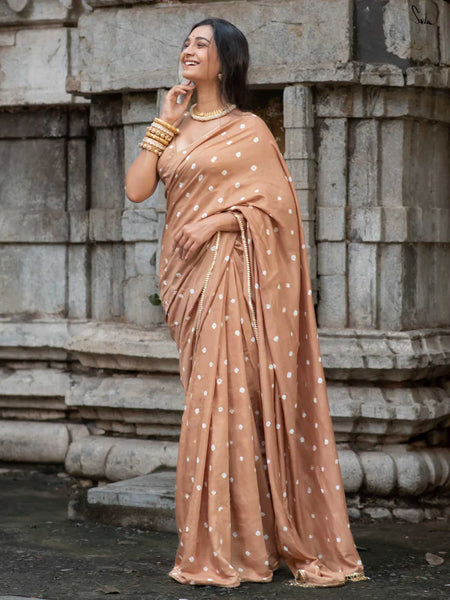 Brown Bandhani Cotton Muslin Saree with Gold Lace & Tassels