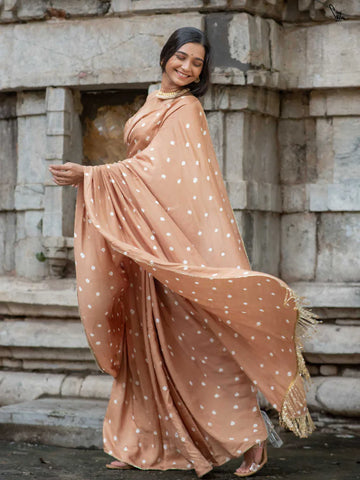 Brown Bandhani Cotton Muslin Saree with Gold Lace & Tassels