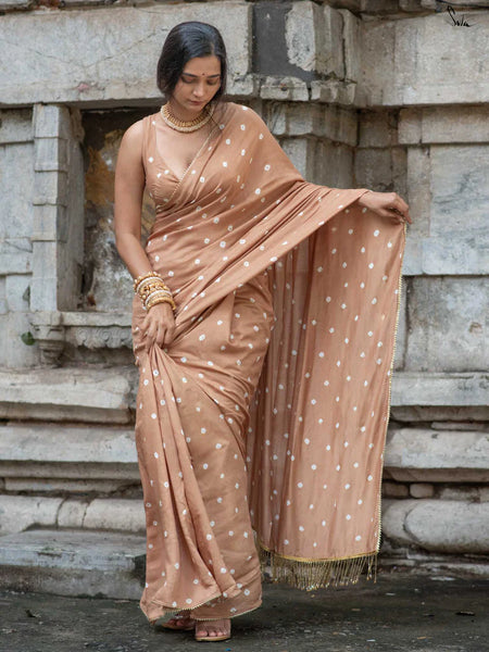 Brown Bandhani Cotton Muslin Saree with Gold Lace & Tassels