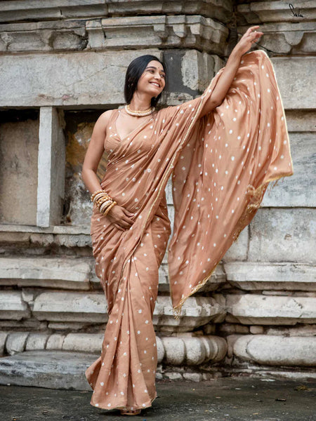 Brown Bandhani Cotton Muslin Saree with Gold Lace & Tassels