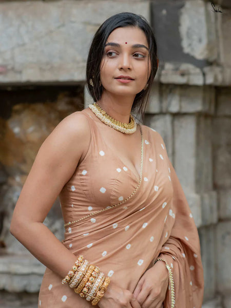 Brown Bandhani Cotton Muslin Saree with Gold Lace & Tassels