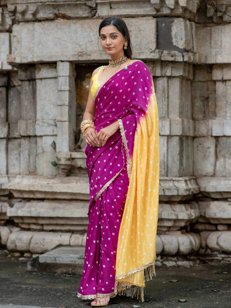 Yellow & Purple Ombré Bandhani Cotton Muslin Saree with Gold Lace & Tassels