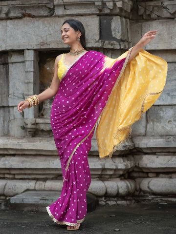 Yellow & Purple Ombré Bandhani Cotton Muslin Saree with Gold Lace & Tassels