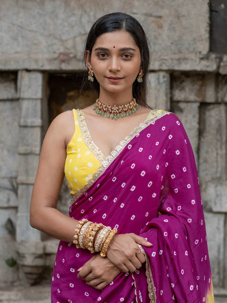 Yellow & Purple Ombré Bandhani Cotton Muslin Saree with Gold Lace & Tassels