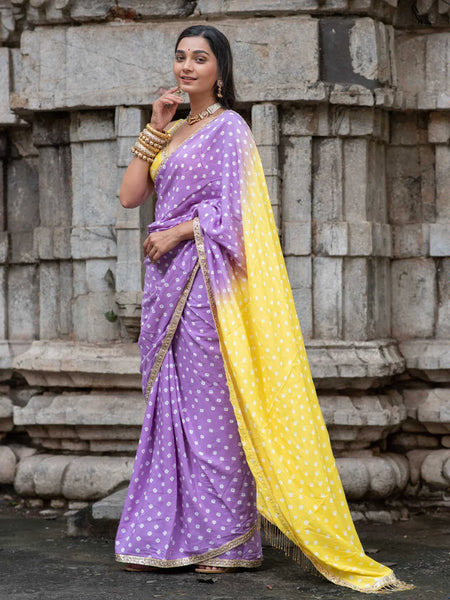 Lemon Yellow & Lavender Ombré Bandhani Cotton Muslin Saree with Gold Lace & Tassels