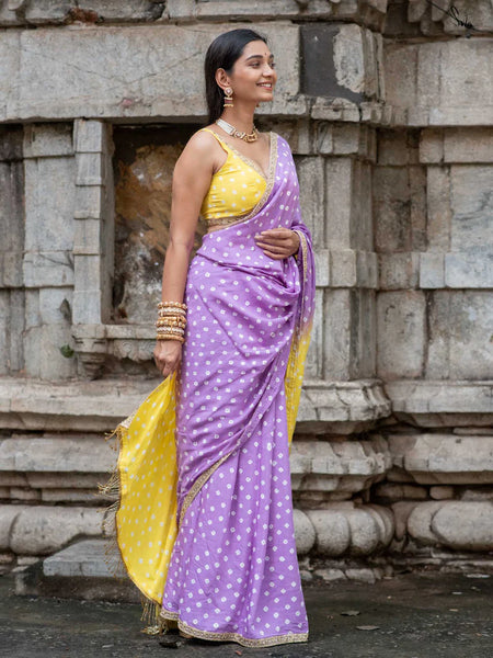 Lemon Yellow & Lavender Ombré Bandhani Cotton Muslin Saree with Gold Lace & Tassels